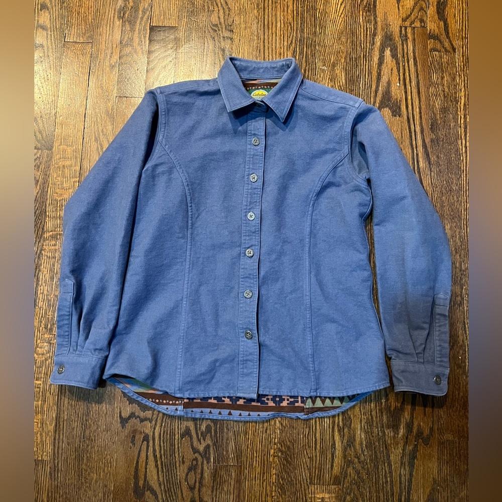 Cabela’s Flannel Shirt Jacket Womens Size Small Blue Aztec Shacket ShirtJack